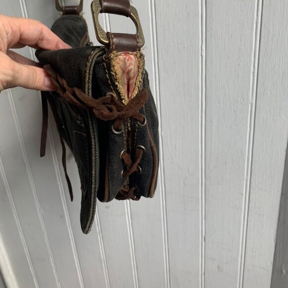 Vintage Y2K Guess Denim Shoulder Bag Spell Out Logo Rhinestones FLAW READ Brass - Picture 6 of 14